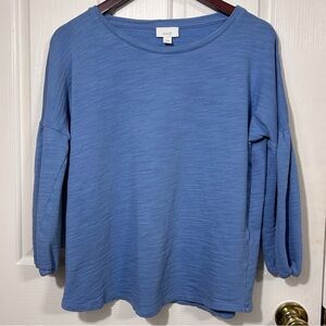J. Jill Pure Jill Blue Slub Knit Puff Sleeve Pullover Top Size Medium 3/4 Sleeve